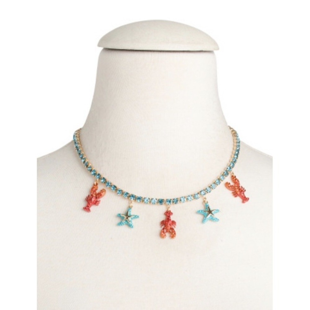 Betsey Johnson Mermaid Jewels Lobster Starfish Charm Rhinestone Tennis Necklace